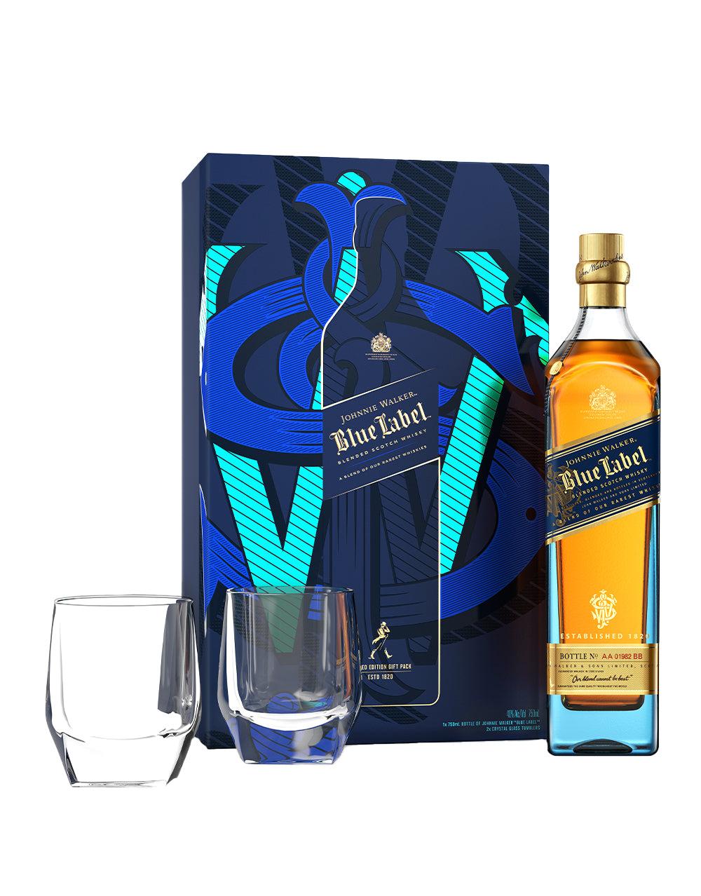 JOHNNIE WALKER BLUE LABEL BLENDED SCOTCH WHISKY WITH TWO CRYSTAL GLASSES